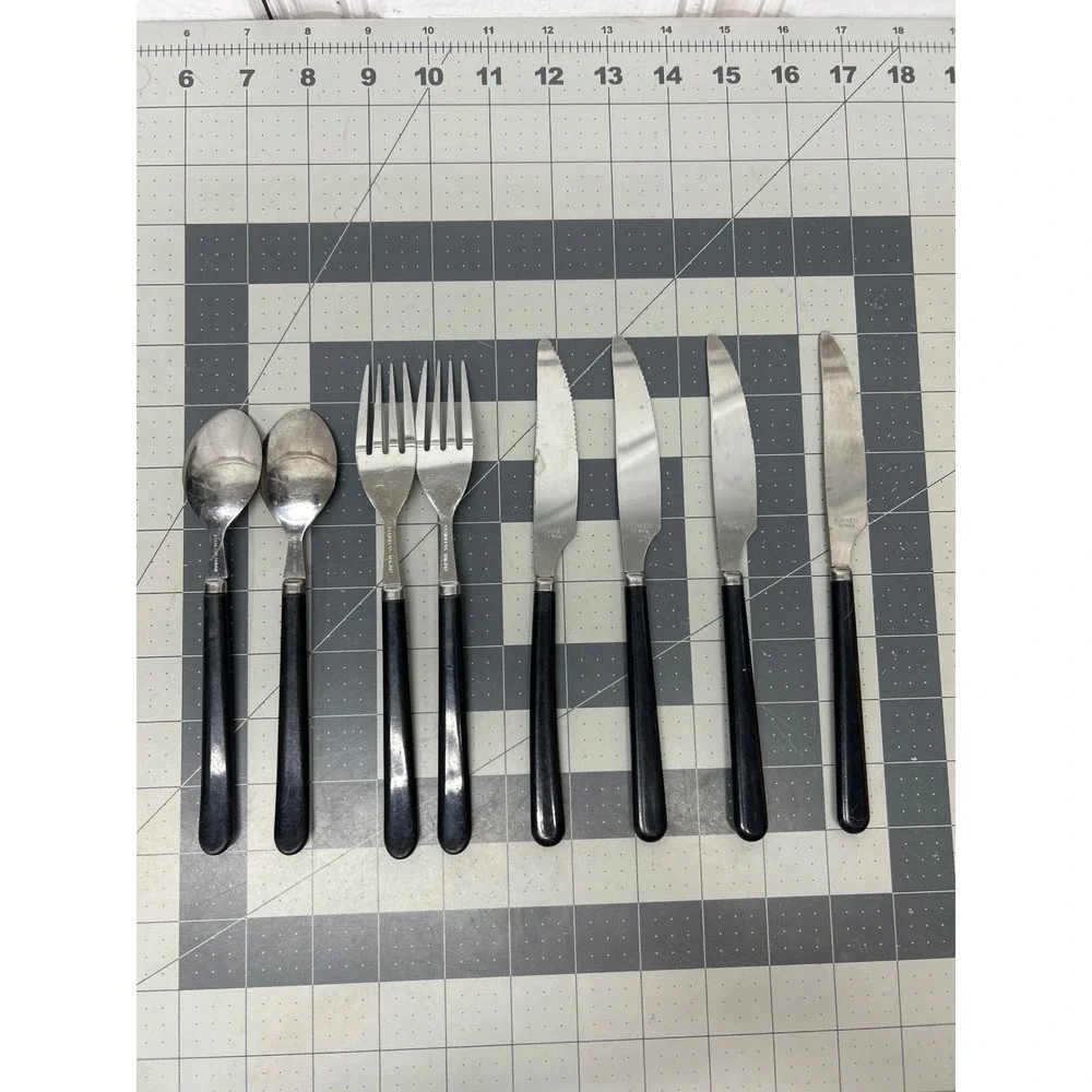 Vintage Flatware Set Mixed Lot 8pc Black Silver Stainless Steel Taiwan Utensils